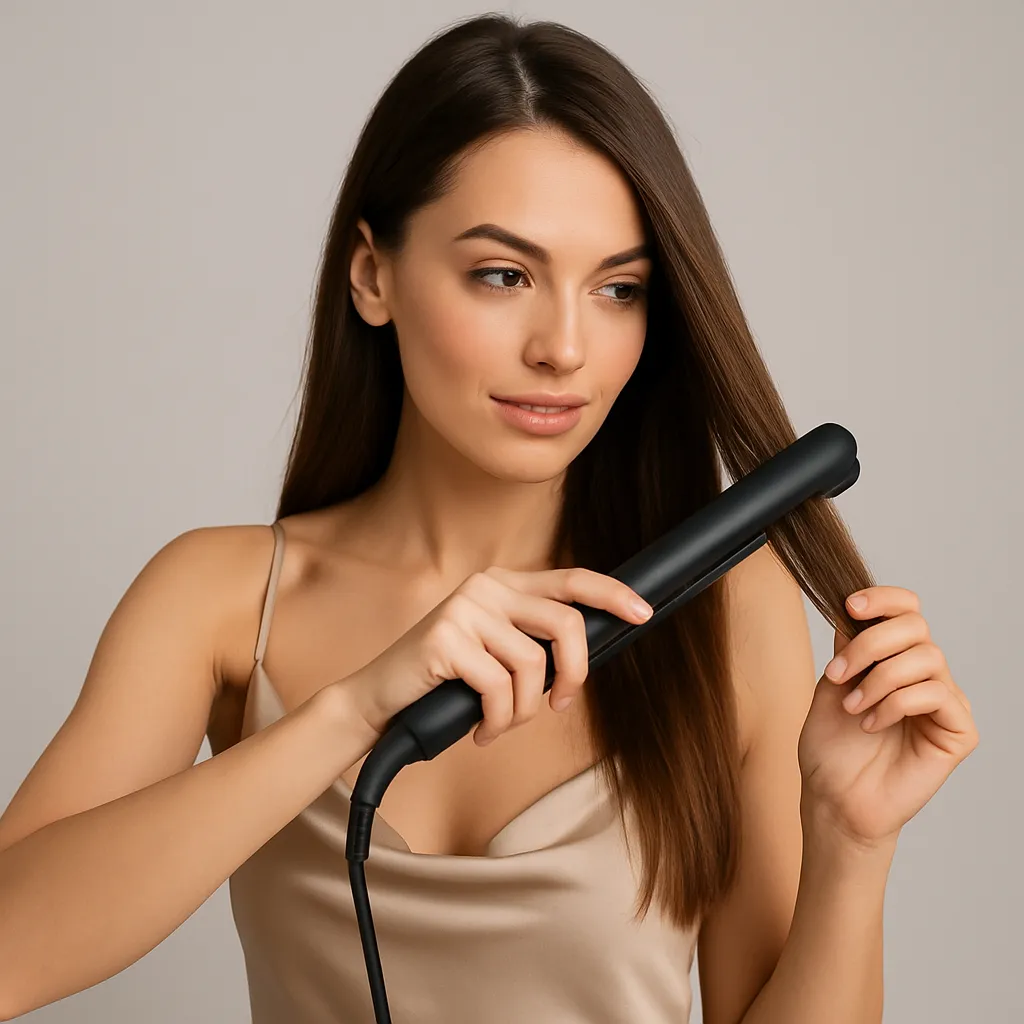  eine Frau mit Haarglätter